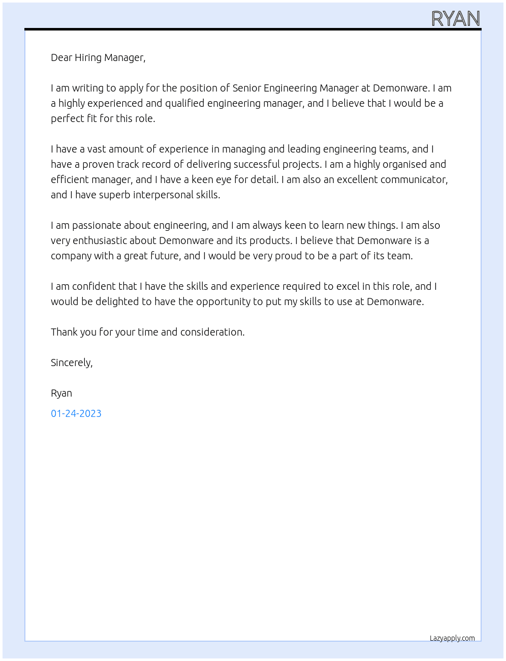 Senior Engineering Manager At Demonware Cover Letter