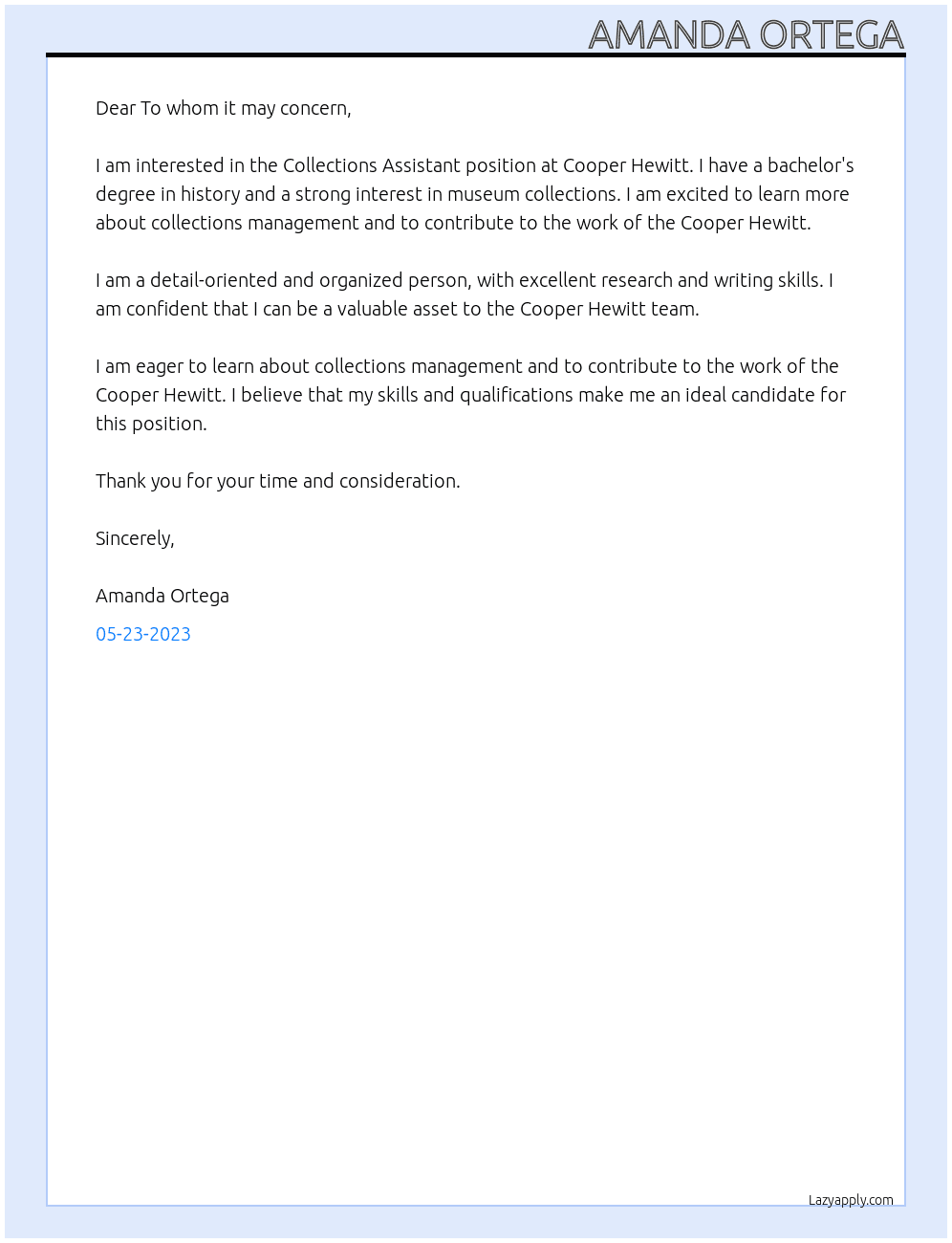 Collections Assistant At Cooper Hewitt Cover Letter
