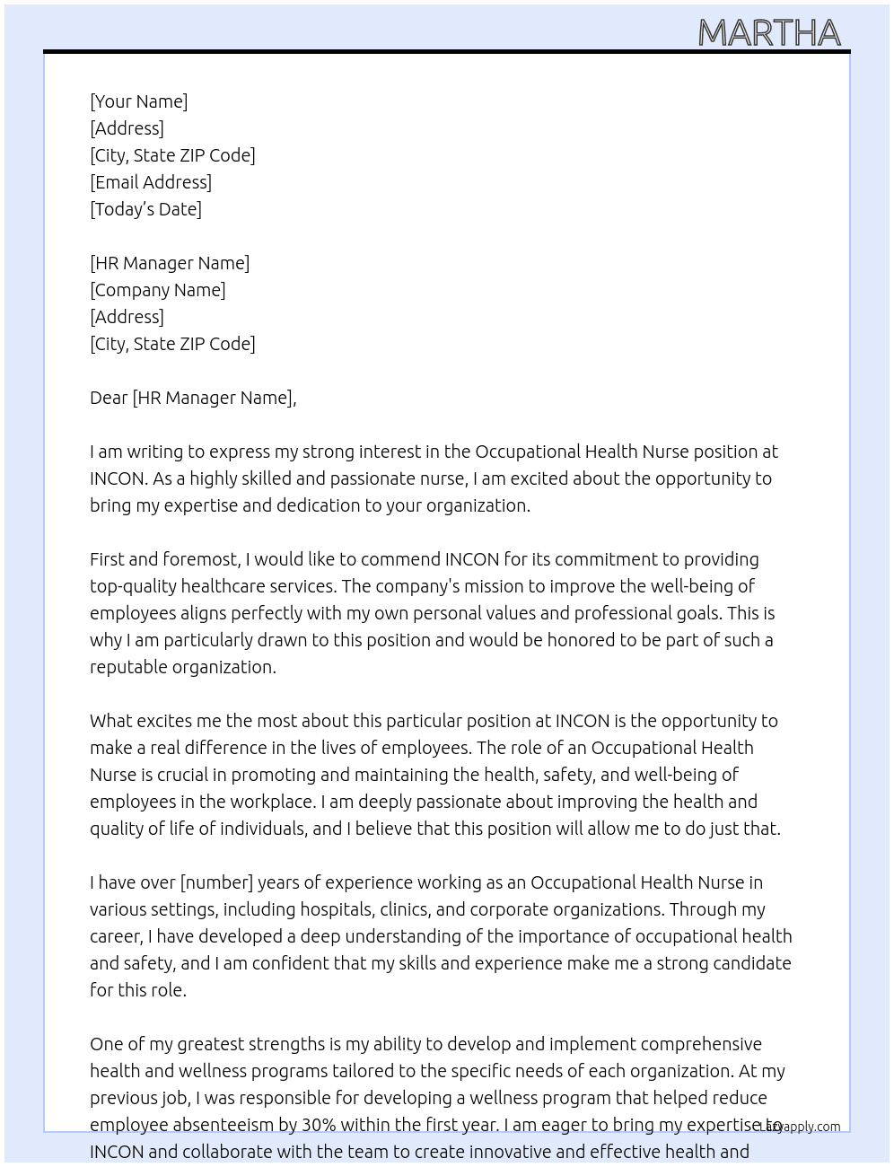 Occupational health nurse At INCON Cover Letter