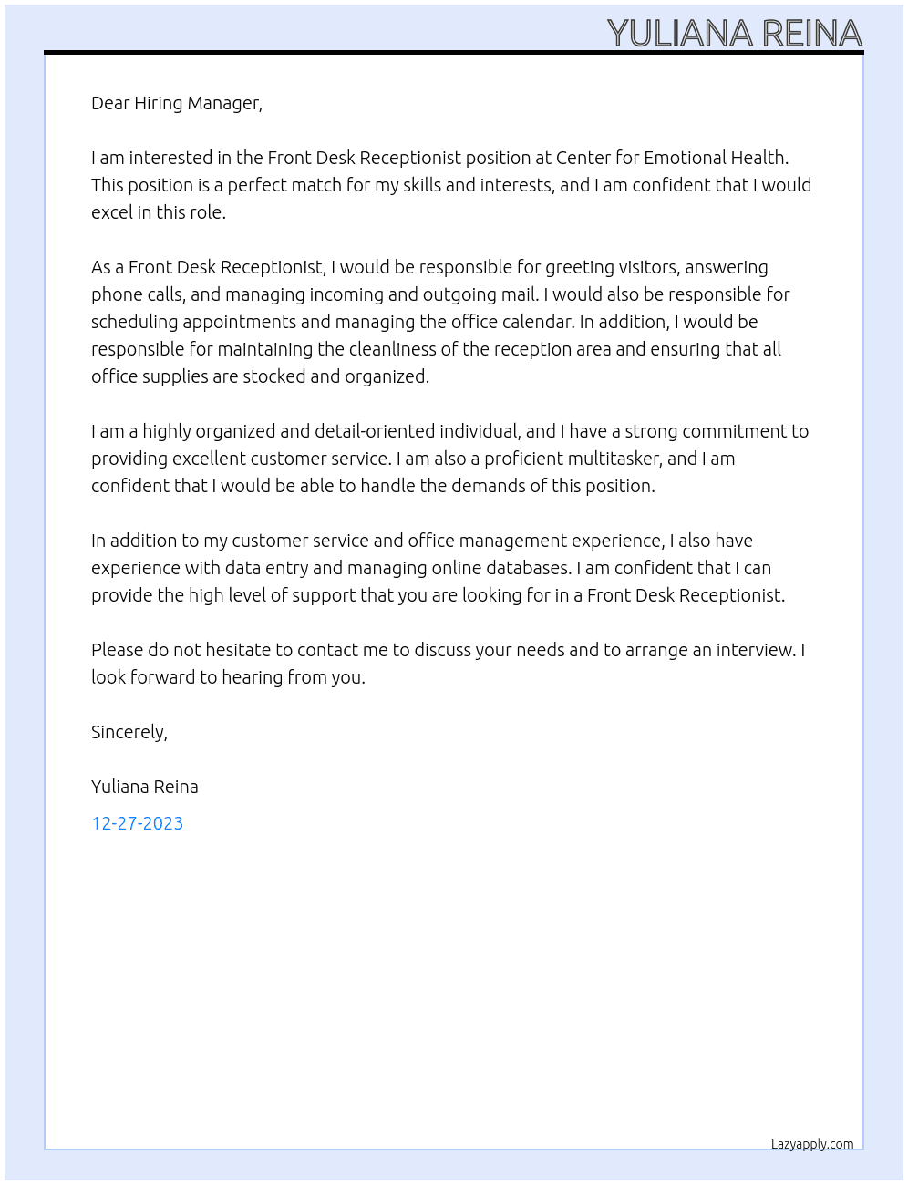 Front Desk Receptionist At Center for Emotional Health Cover Letter