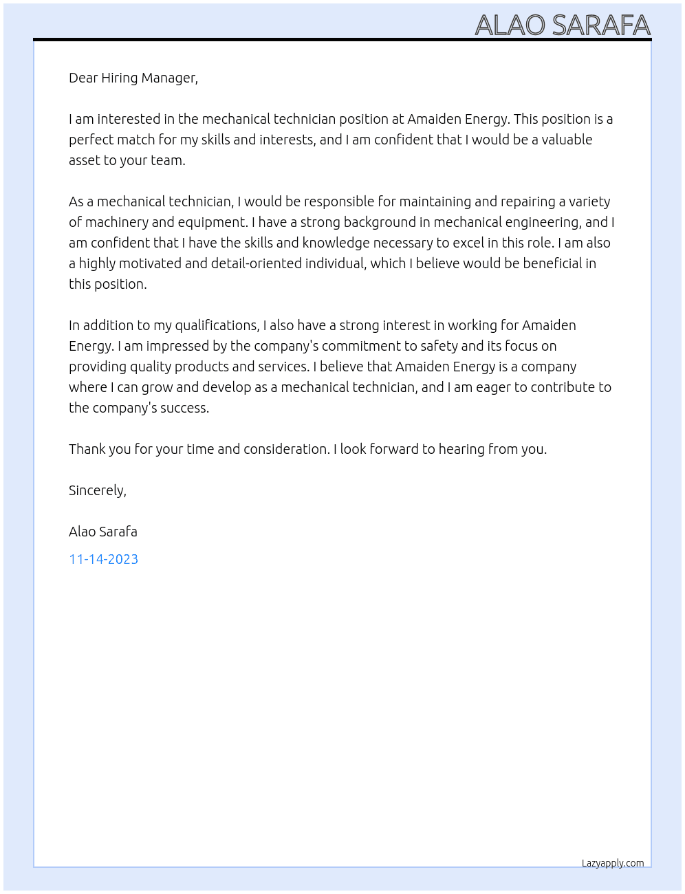 Mechanical technician  At Amaiden Energy Cover Letter