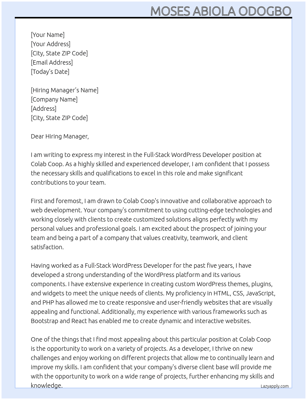 Full-Stack WordPress Developer At Colab Coop Cover Letter