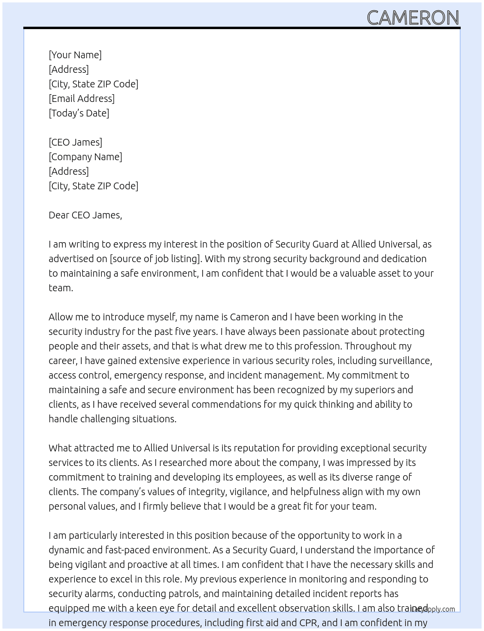security gaurd At allied universal Cover Letter