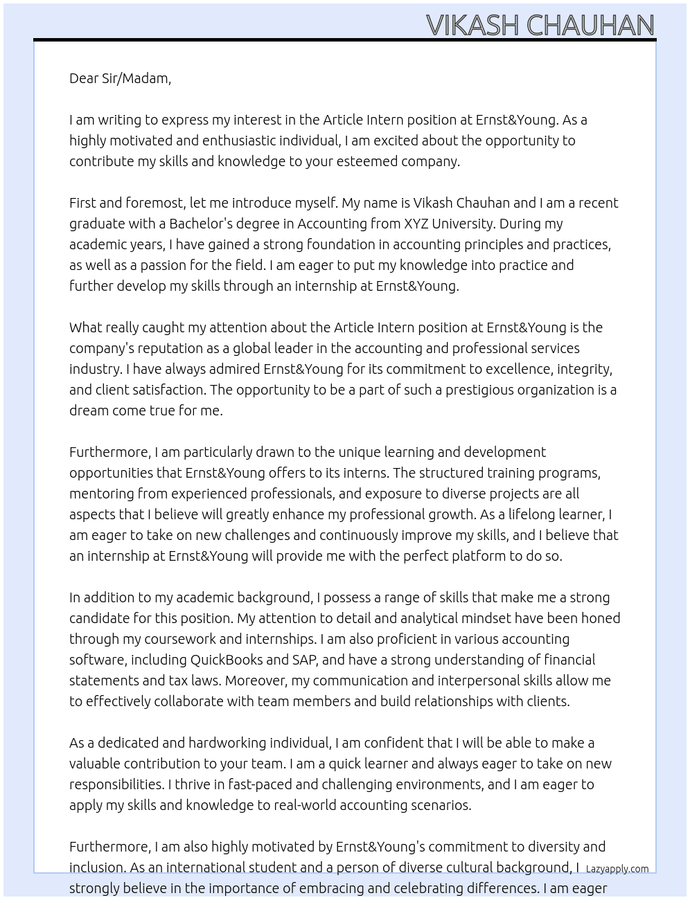 Article intern  At Ernst&young  Cover Letter