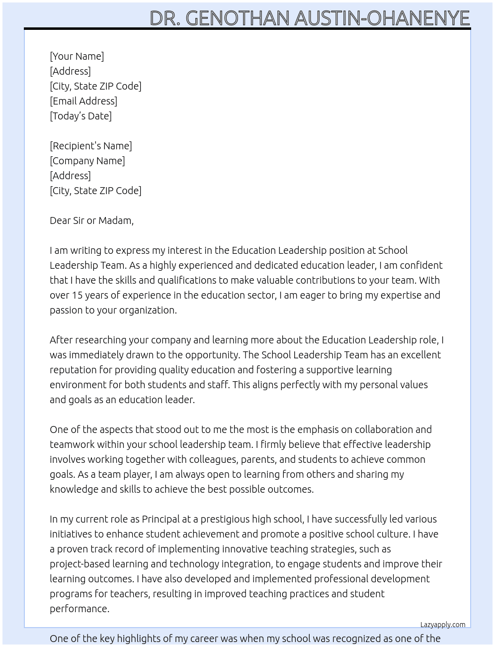 Education Leadership  At School Leadership Team Cover Letter