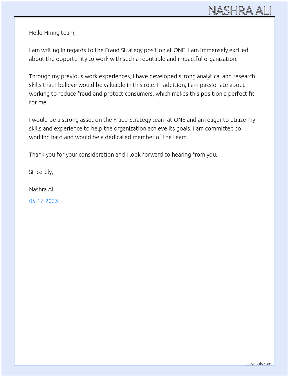 Fraud Strategy  At ONE Cover Letter