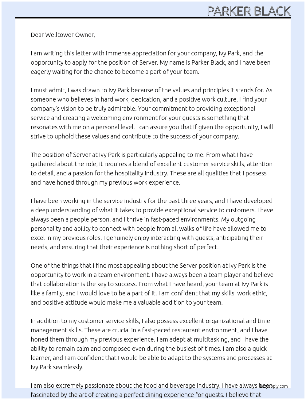 Server At Ivy Park Cover Letter