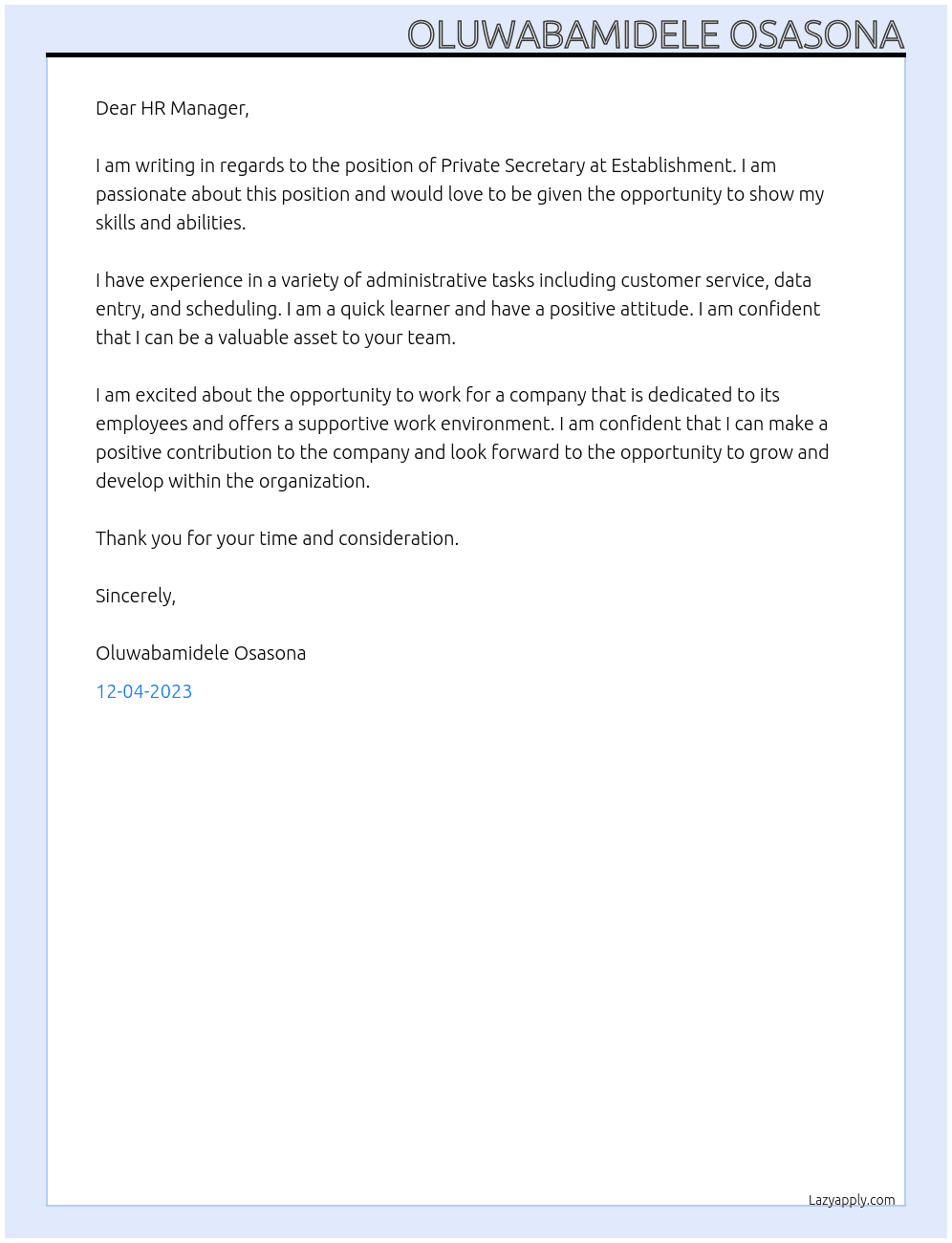 Private Secretary At  Establishment Cover Letter