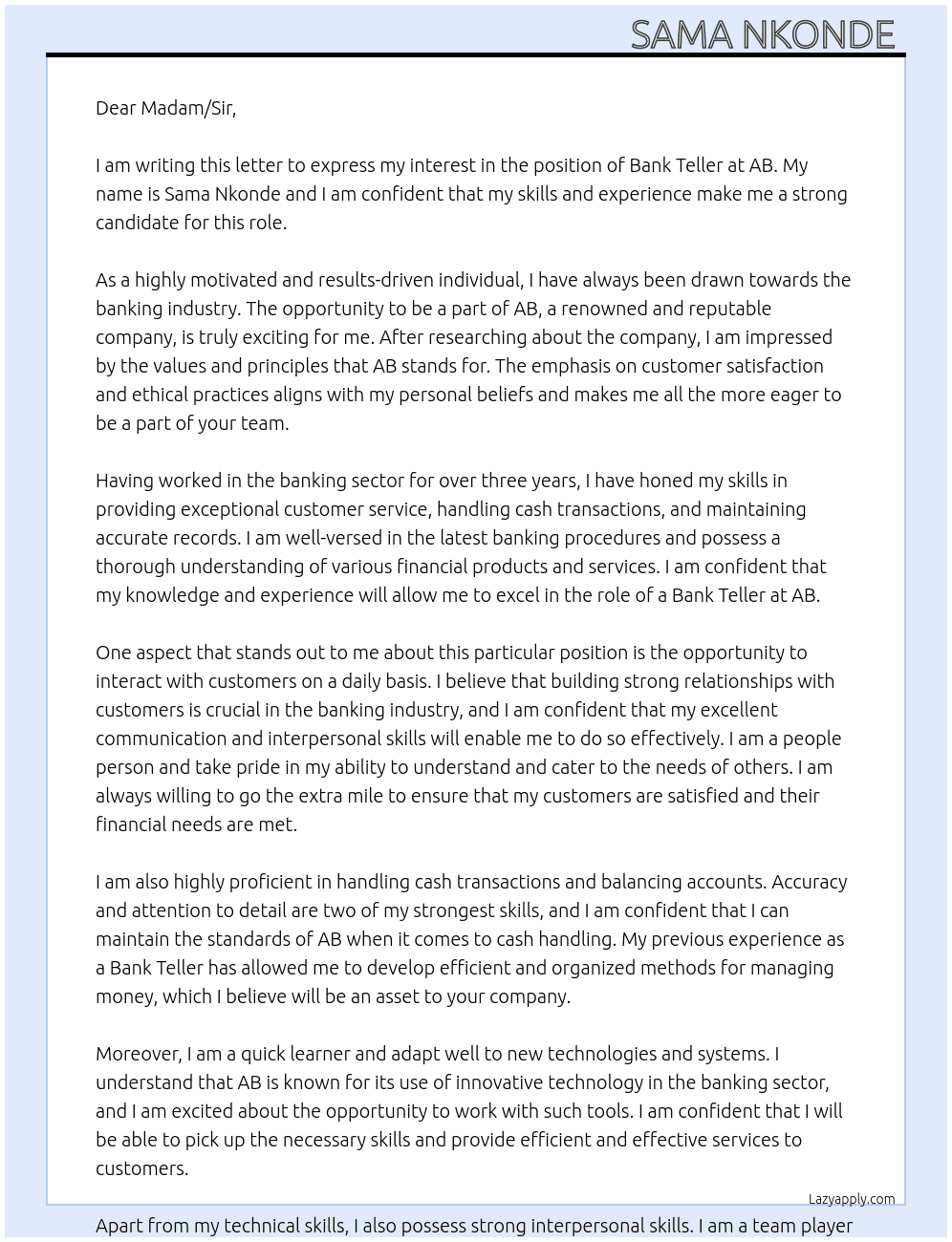 Bank Teller At AB  Cover Letter