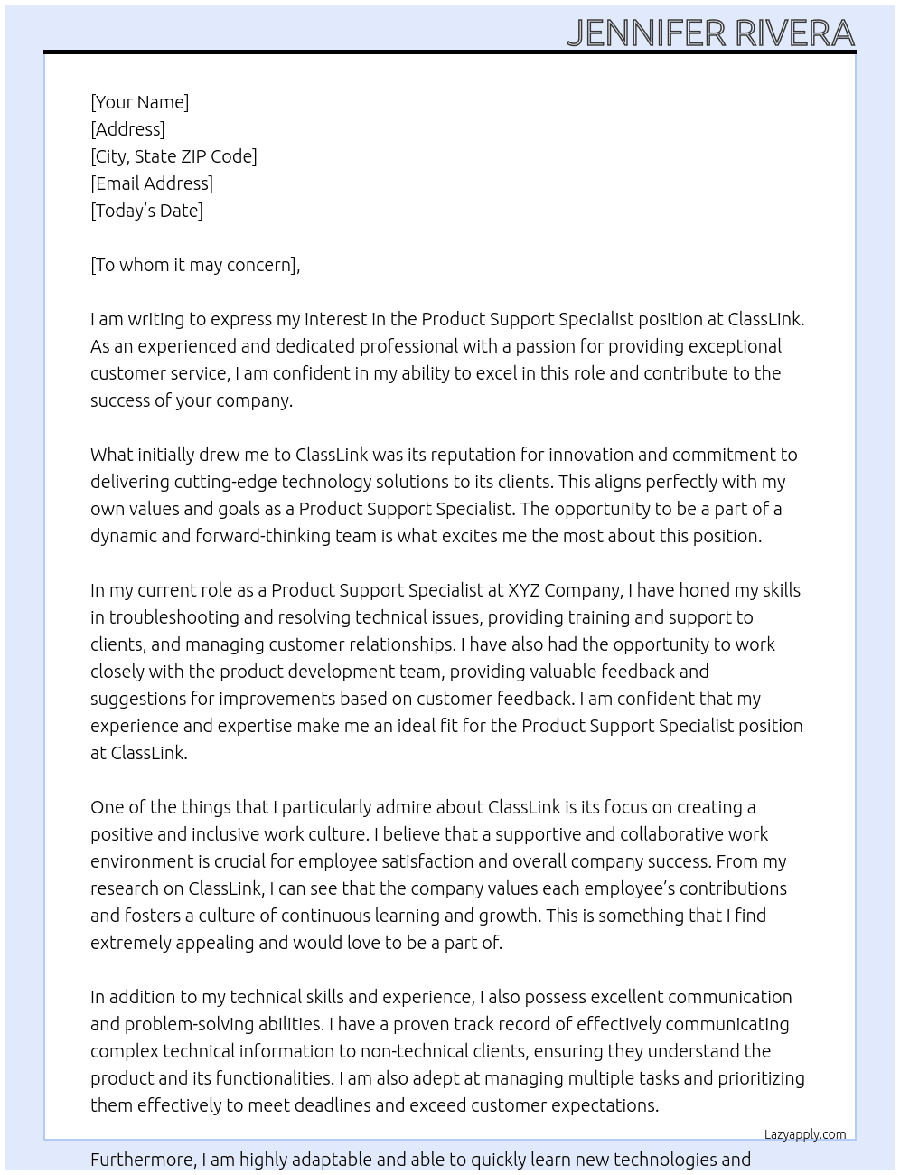 Product Support Specialist At ClassLink Cover Letter