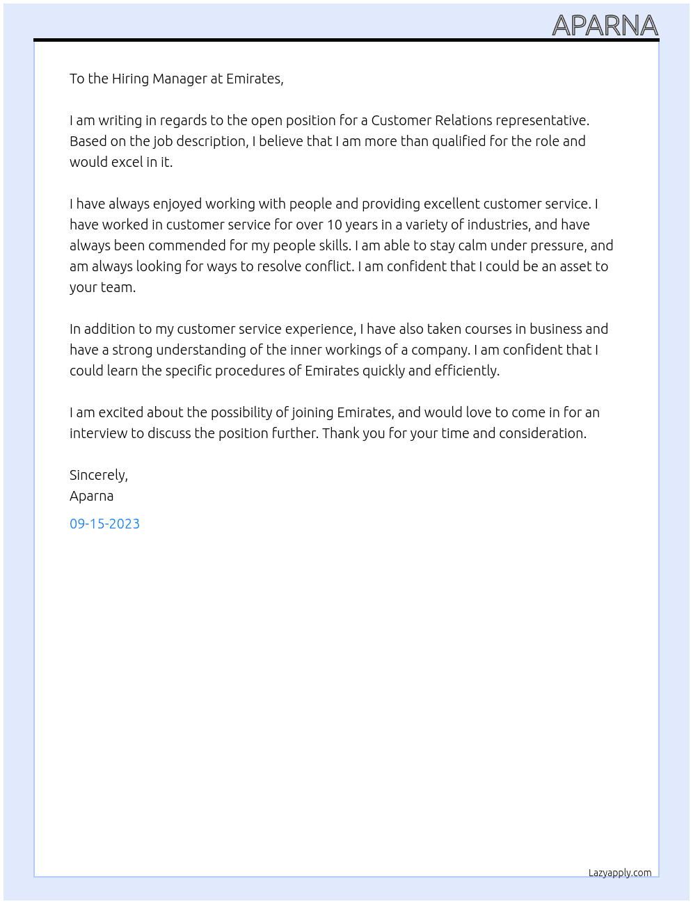 Customer relation At Emirates Cover Letter