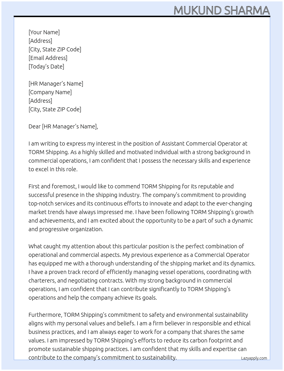 Assistant Commercial Operator At TORM shipping Cover Letter