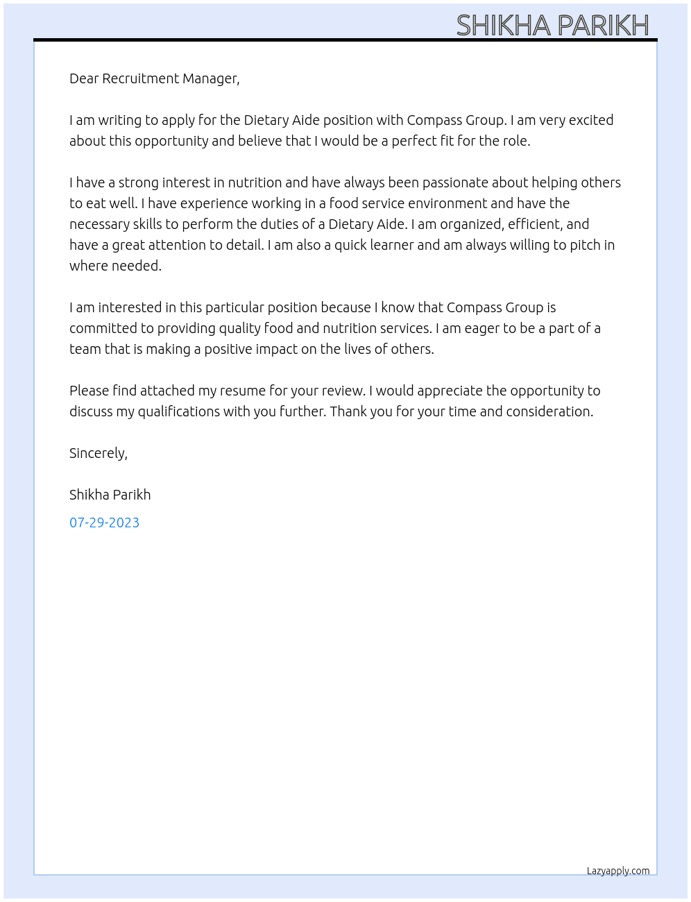 Dietary Aide  At Compass group Cover Letter