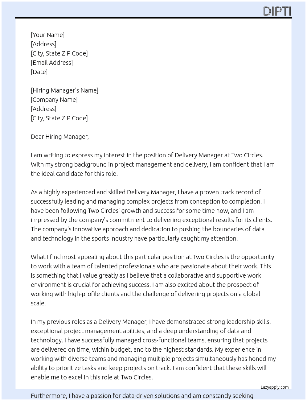 Delivery Manager At Two Circles Cover Letter