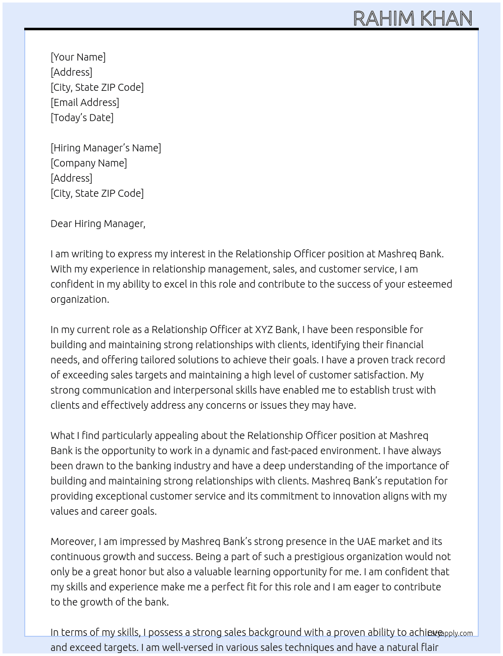 Relationship Officer At Mashreq Bank Cover Letter