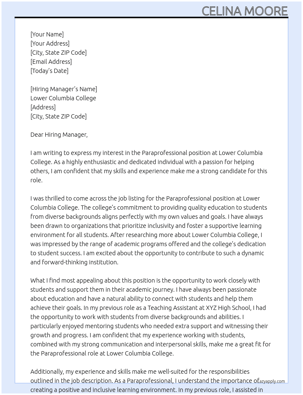 Paraprofessional At Lower Columbia College  Cover Letter
