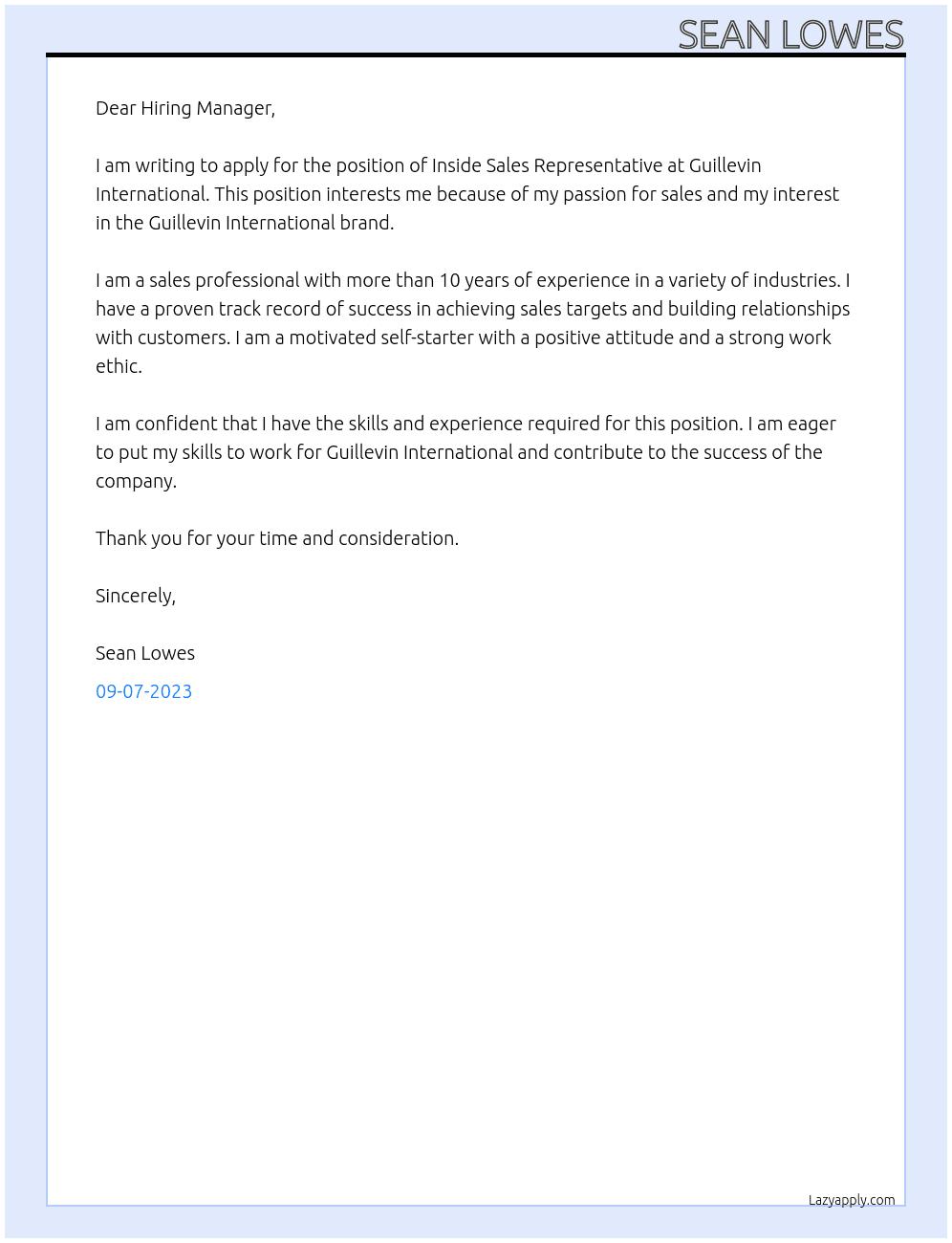 Inside Sales Representative At Guillevin International Cover Letter