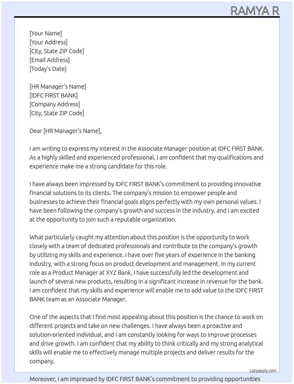 Associate manager  At IDFC FIRST BANK Cover Letter