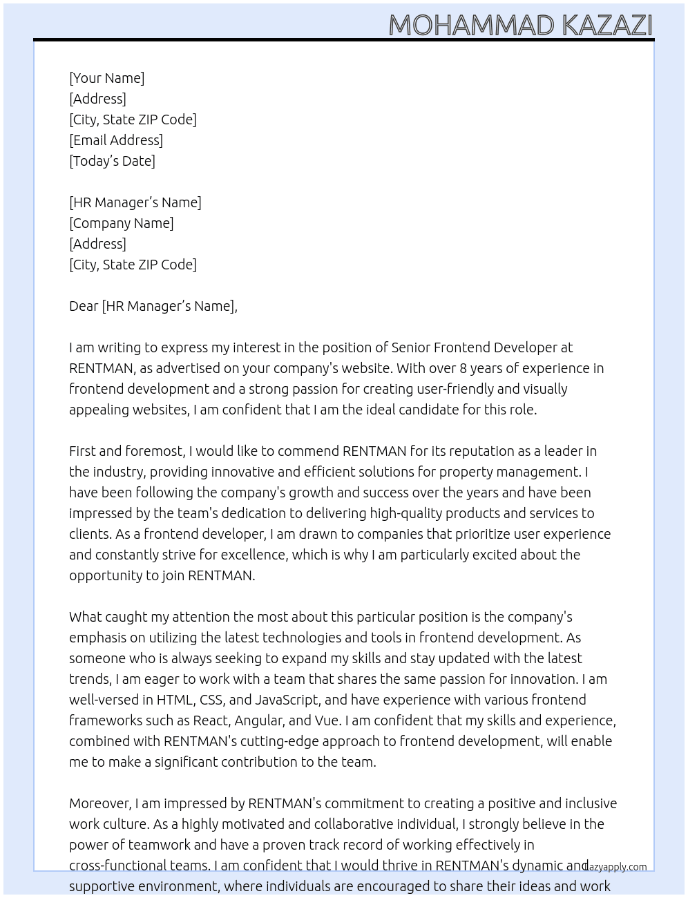 Senior Frontend Developer At RENTMAN Cover Letter