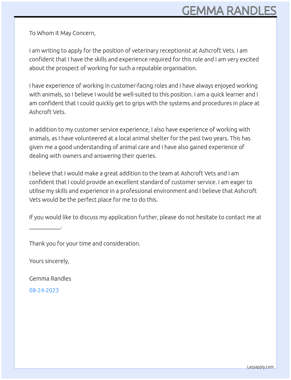 Veterinary Receptionist  At Ashcroft Vets Cover Letter