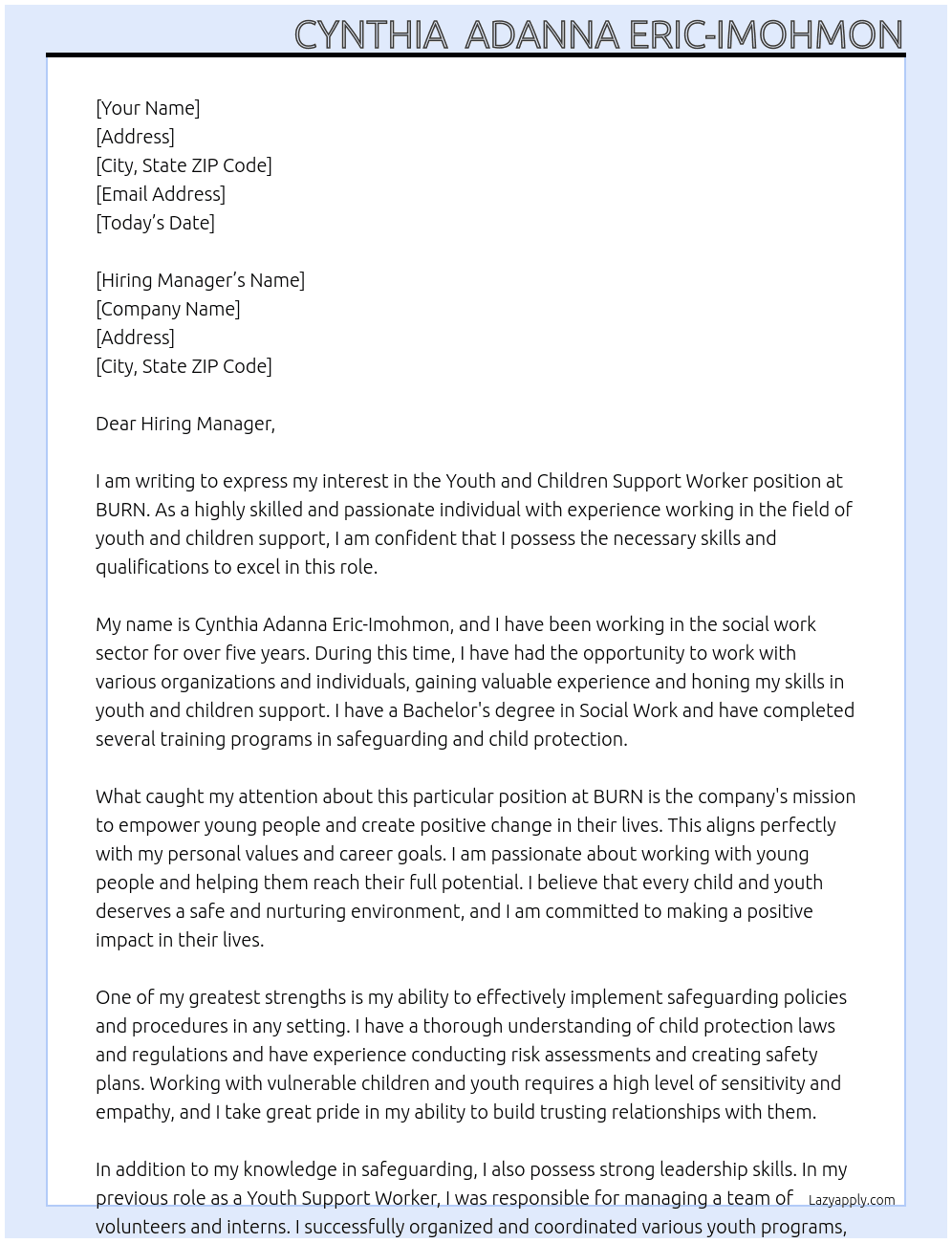 Youth and children support worker At BURN Cover Letter