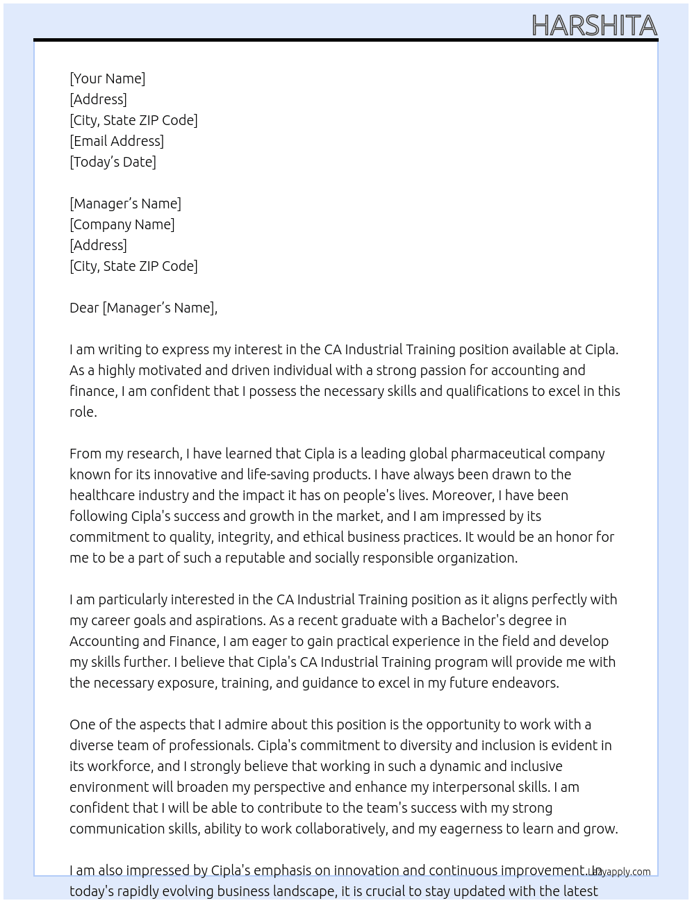 Ca industrial training At Cipla Cover Letter