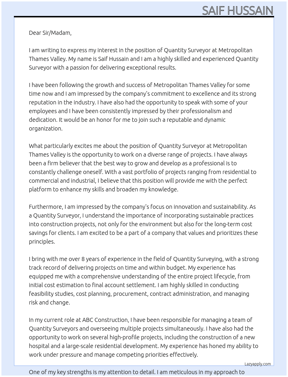 Quantity Surveyor At Metropolitan Thames Valley Cover Letter