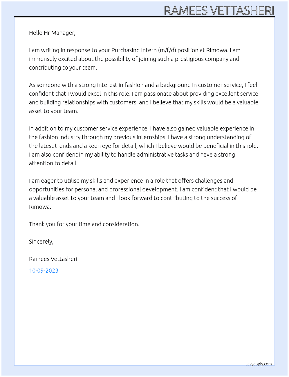 Purchasing Intern (m/f/d) At Rimowa Cover Letter