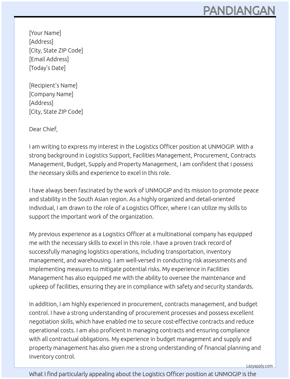 Logistics Officer At UNMOGIP Cover Letter
