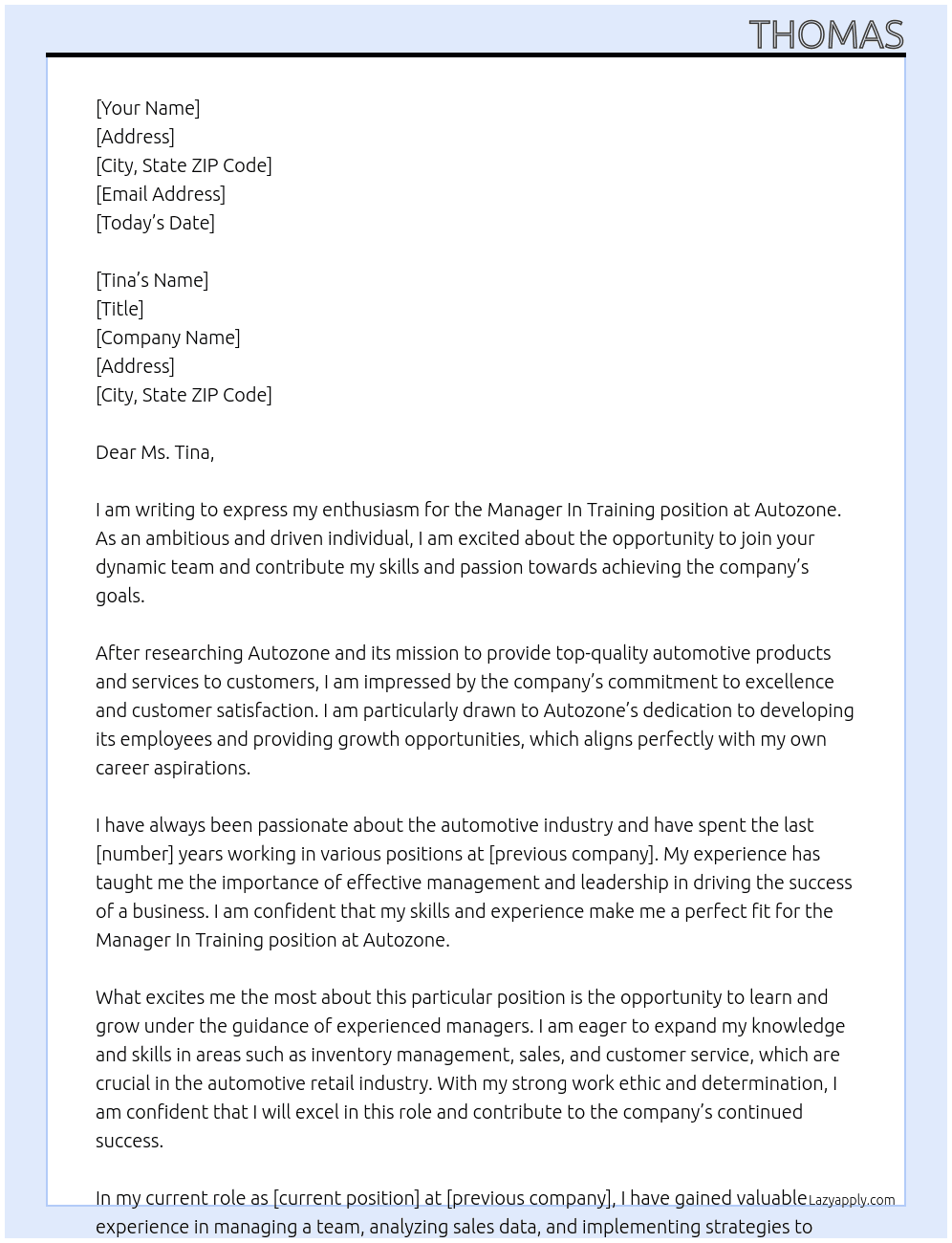 Manager In Training At Autozone Cover Letter