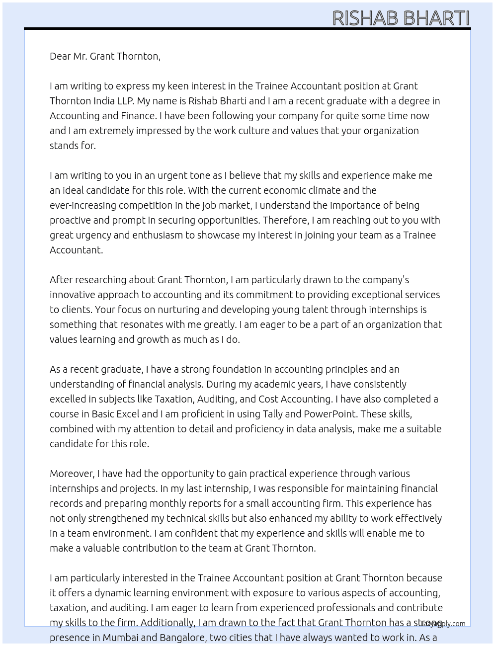 Trainee Accountant At Grant Thornton  Cover Letter