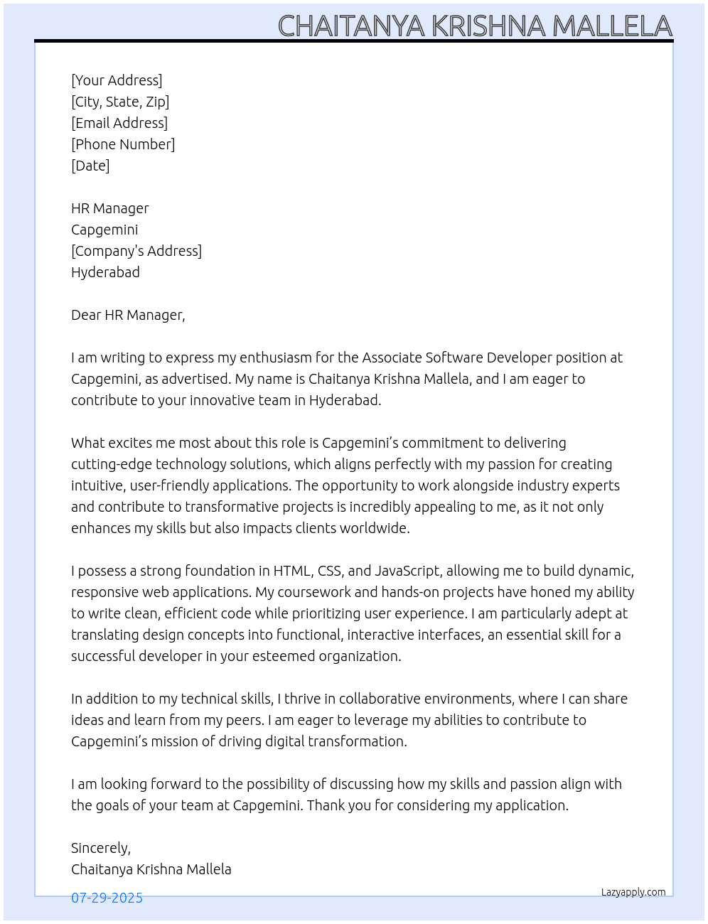 Cover letter for associate software developer - LazyApply