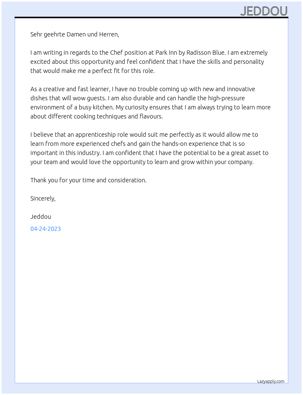Chef At Park Inn by Radisson Blue Cover Letter