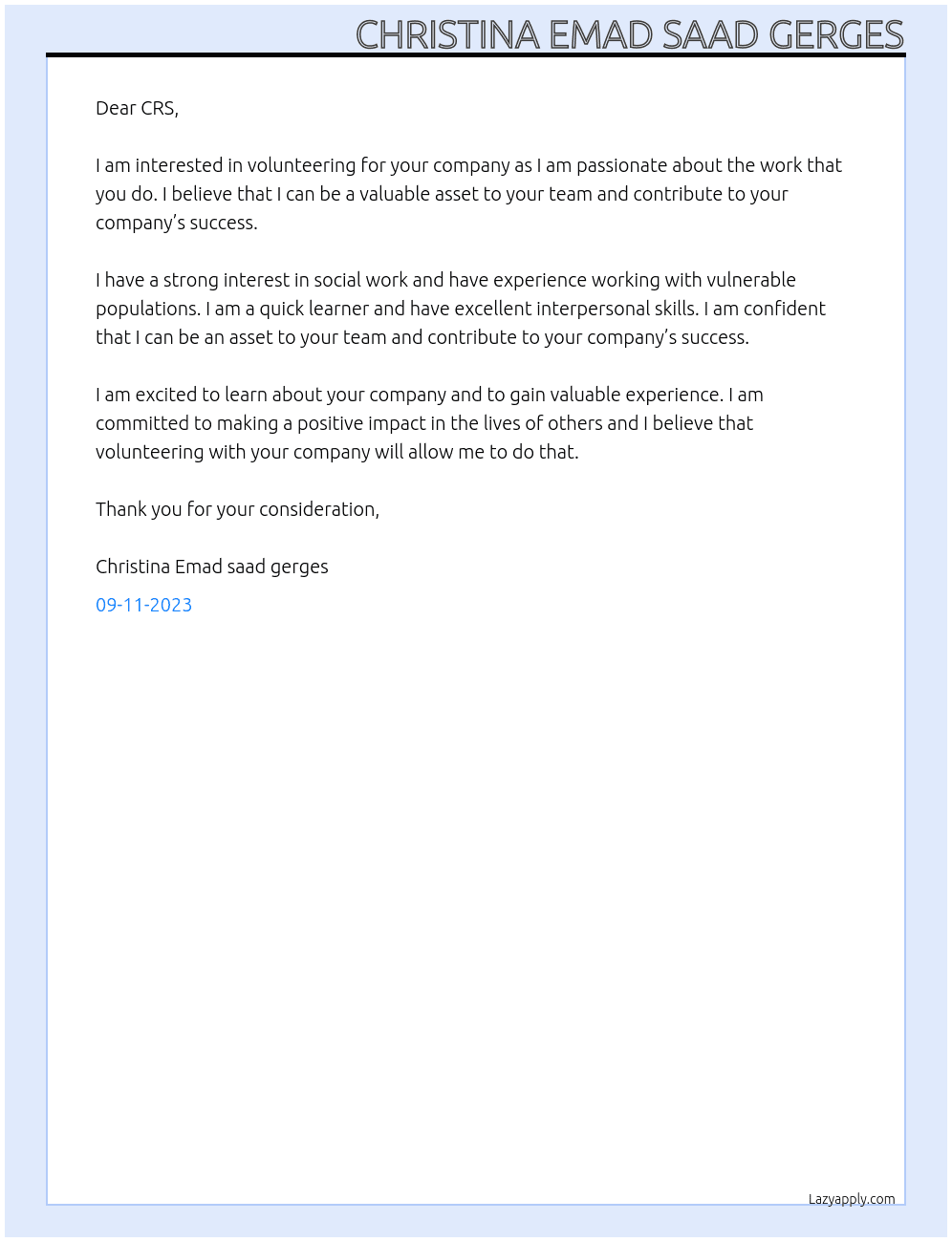 volunteer At CRS Cover Letter