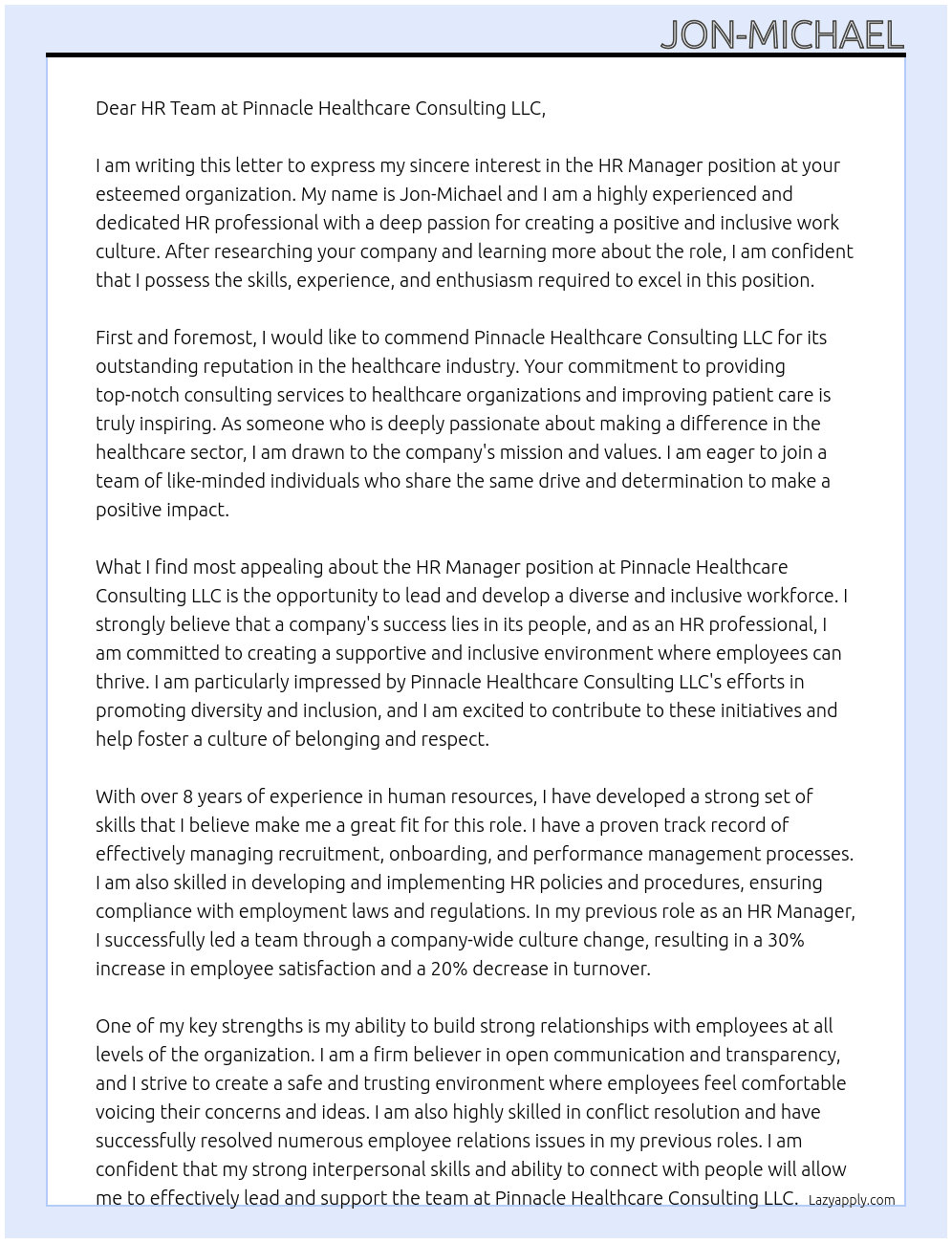 HR Manager At Pinnacle Healthcare Consulting LLC Cover Letter
