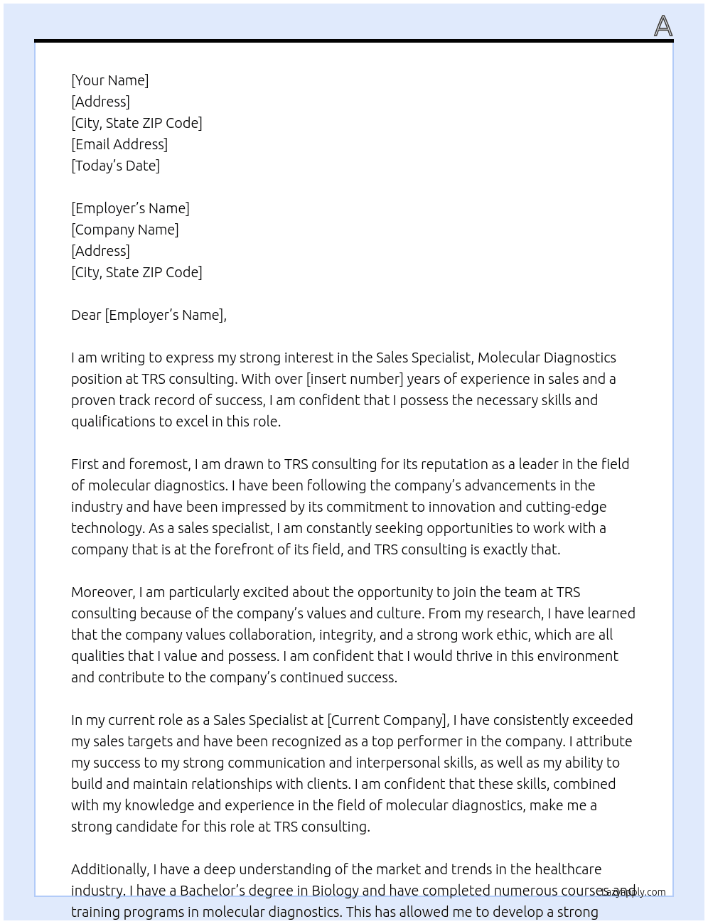 Sales Specialist, Molecular Diagnostics   At TRS consulting Cover Letter