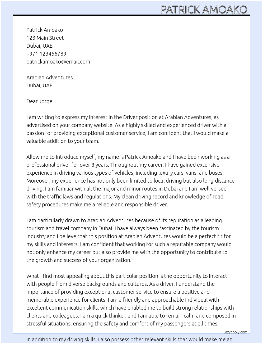 Driver At Arabian Adventures Cover Letter
