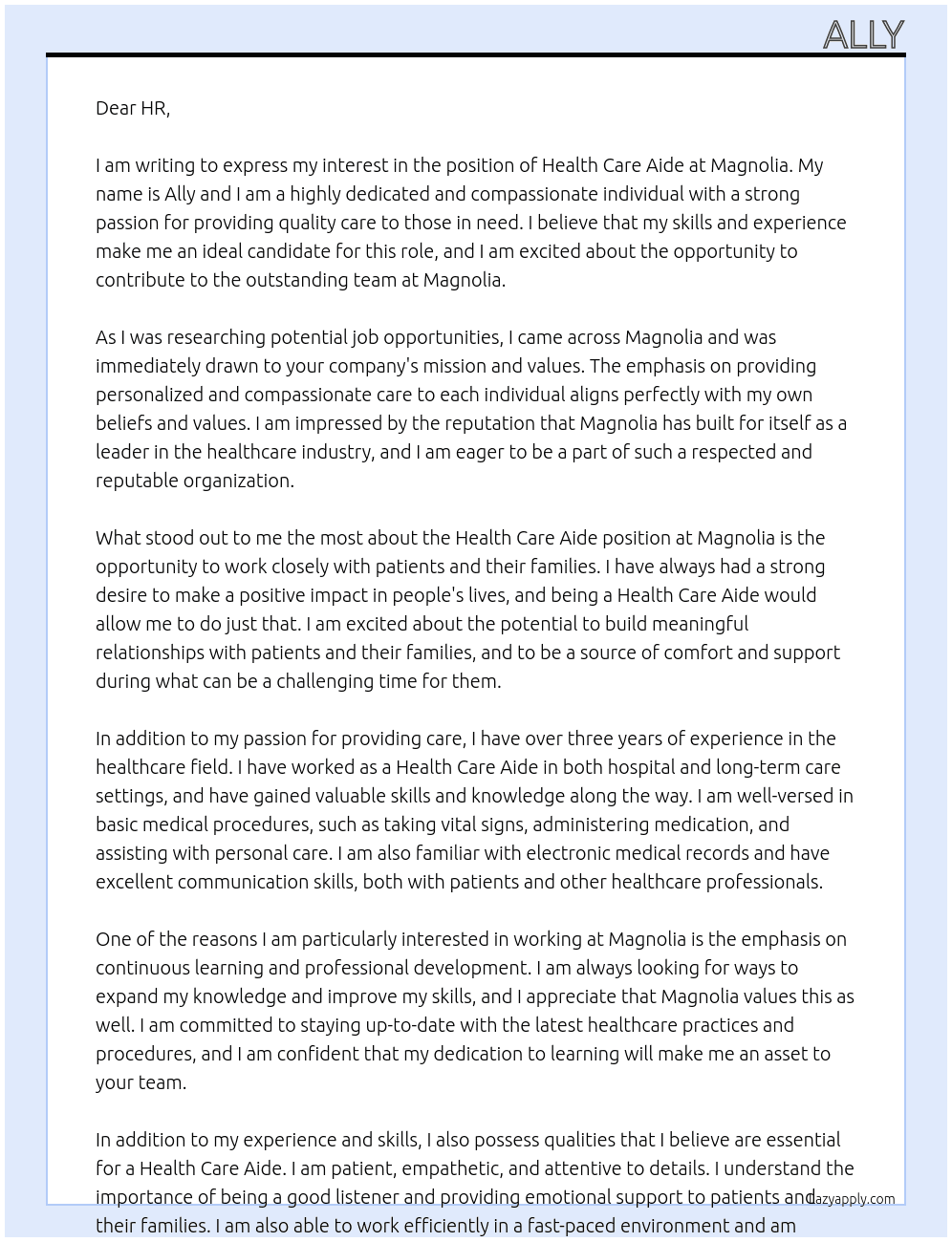 health care aide At magnolia Cover Letter