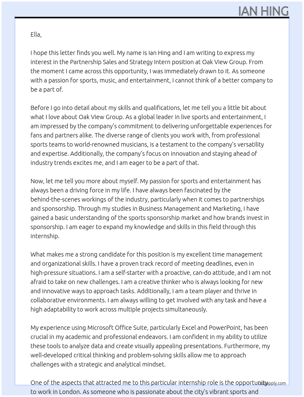  Partnership Sales and Strategy Interns At Oak View Group Cover Letter