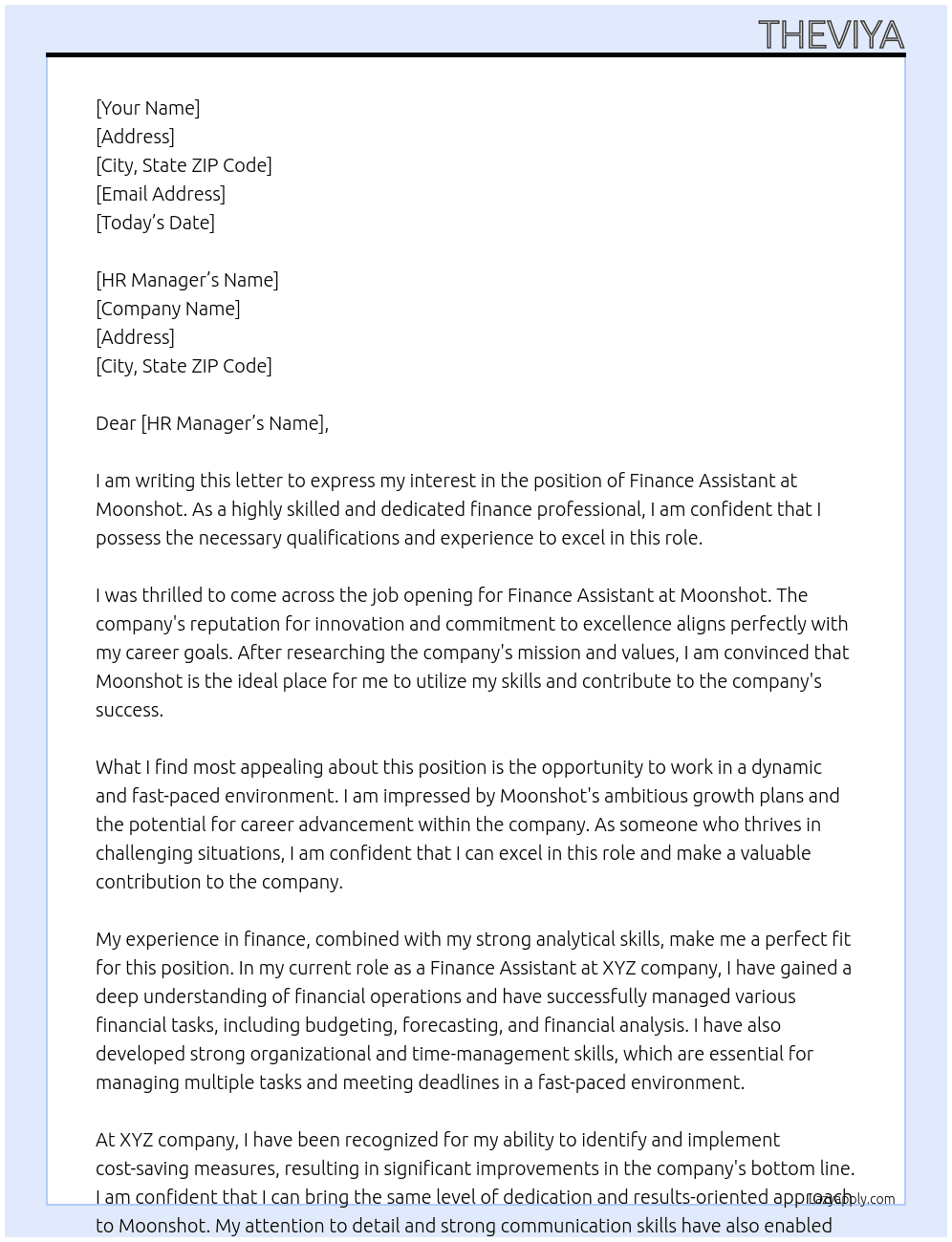 Finance Assistant At Moonshot Cover Letter