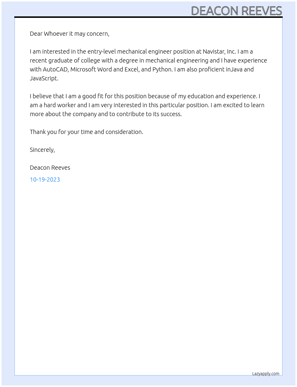 Entry-level Mechanical Engineer - ATC At Navistar, Inc. Cover Letter