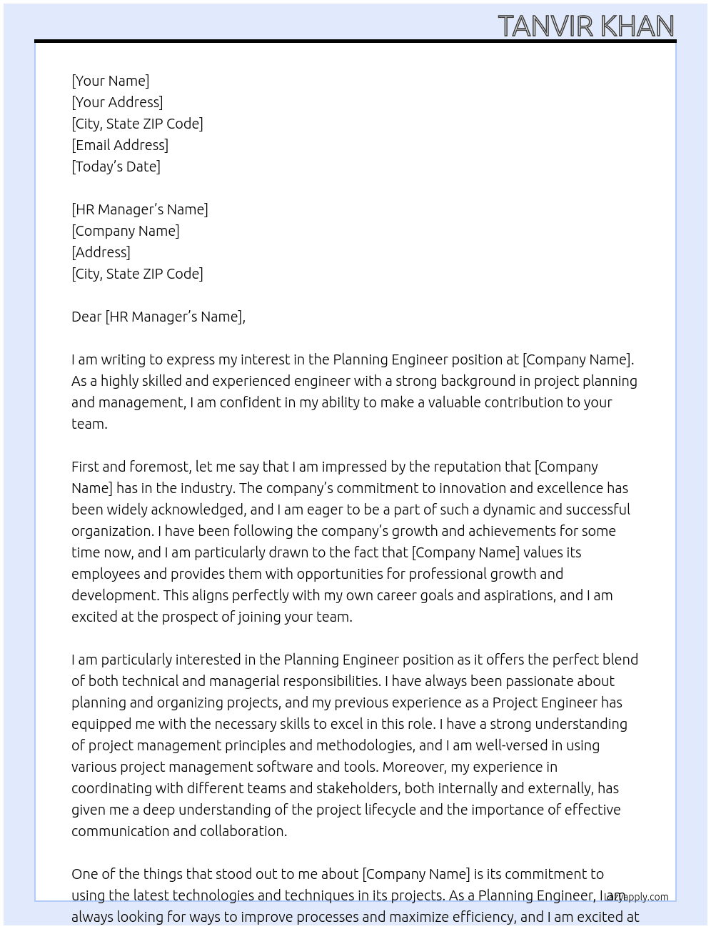 Planning Engineer At XYZ Cover Letter