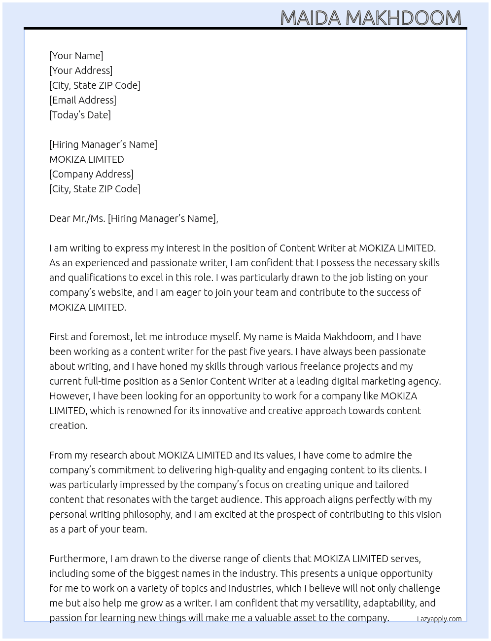 content writer At MOKIZA LIMITED Cover Letter