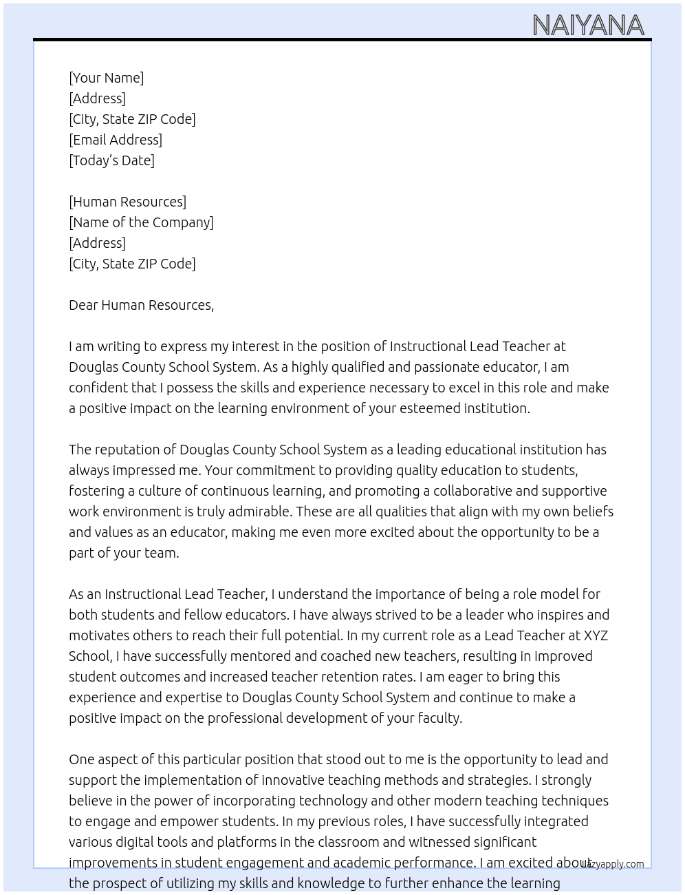 Instructional Lead Teacher At Douglas County School System Cover Letter