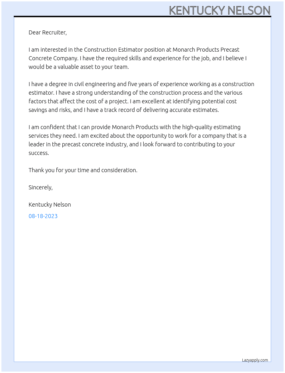 Construction Estimator At Monarch Products Precast Concrete Company Cover Letter