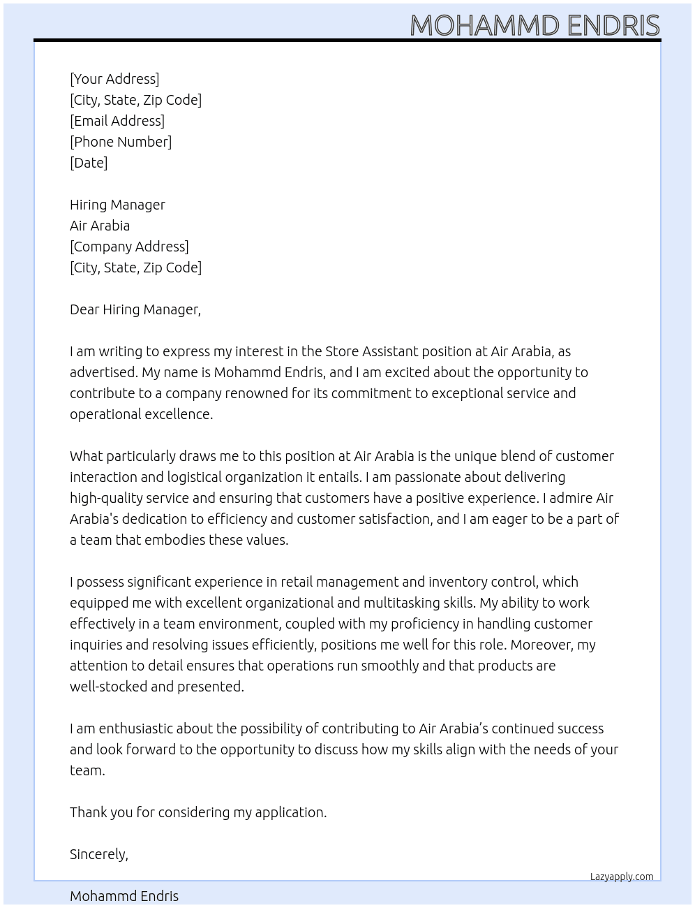 Store assistant  At Air arebia Cover Letter