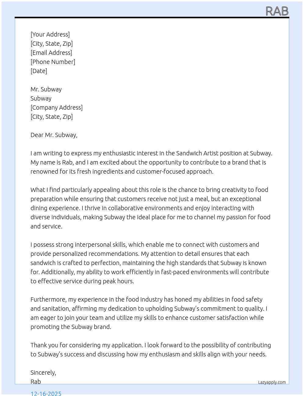 Sandwich Artist At Subway Cover Letter