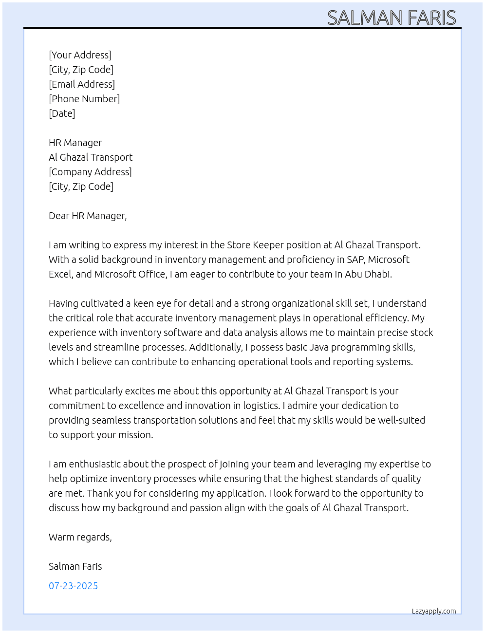 STORE KEEPER  At AL GHAZAL TRANSPORT  Cover Letter