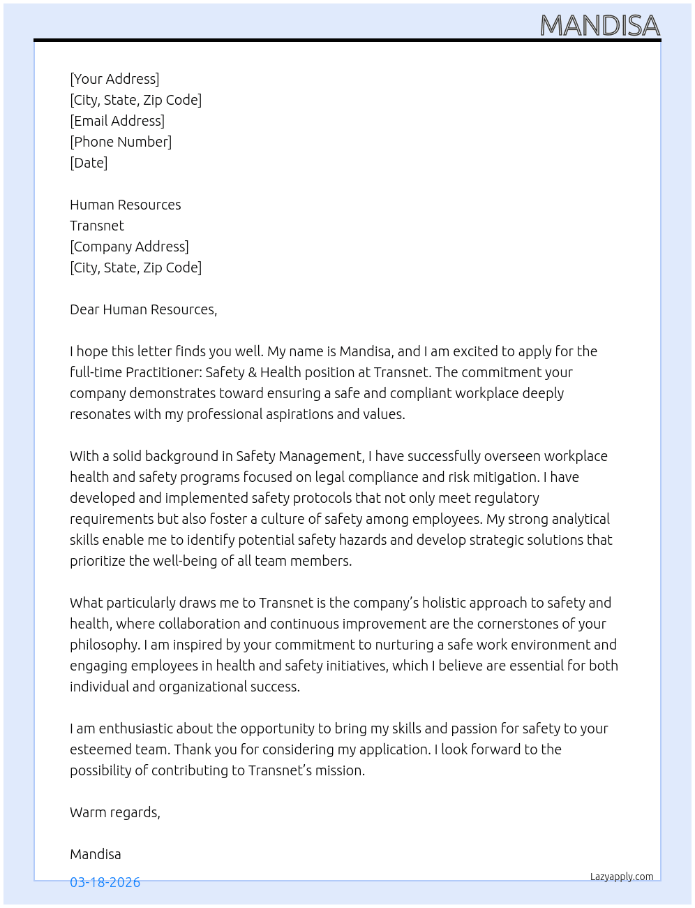 Cover letter for practitioner: safety & health - LazyApply