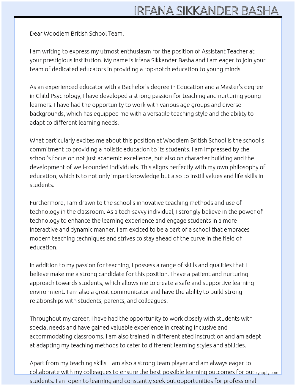 Assistant teacher  At Woodlem British school  Cover Letter